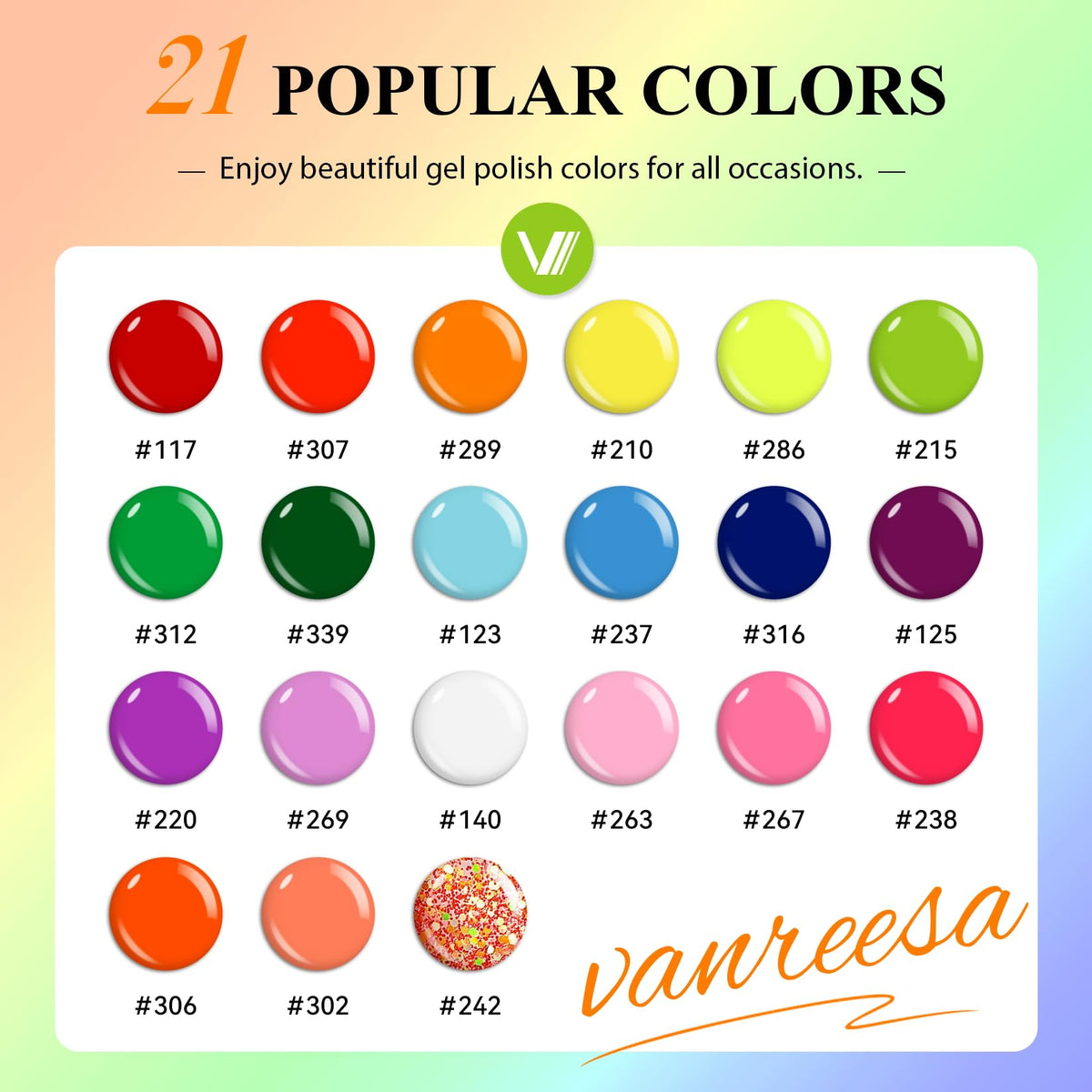 VANREESA color fan array displaying 21 bright gel shades for creative mixing