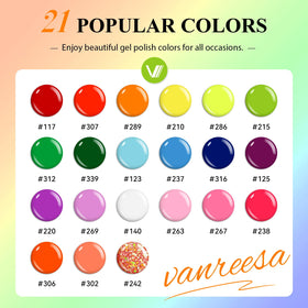 VANREESA color fan array displaying 21 bright gel shades for creative mixing