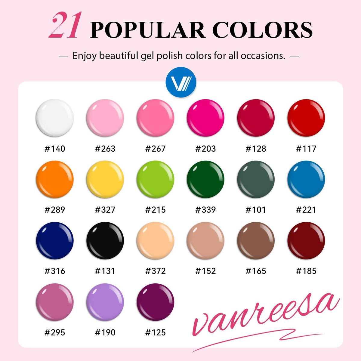 VANREESA swatch array of 21 gel polish shades for versatile styling options