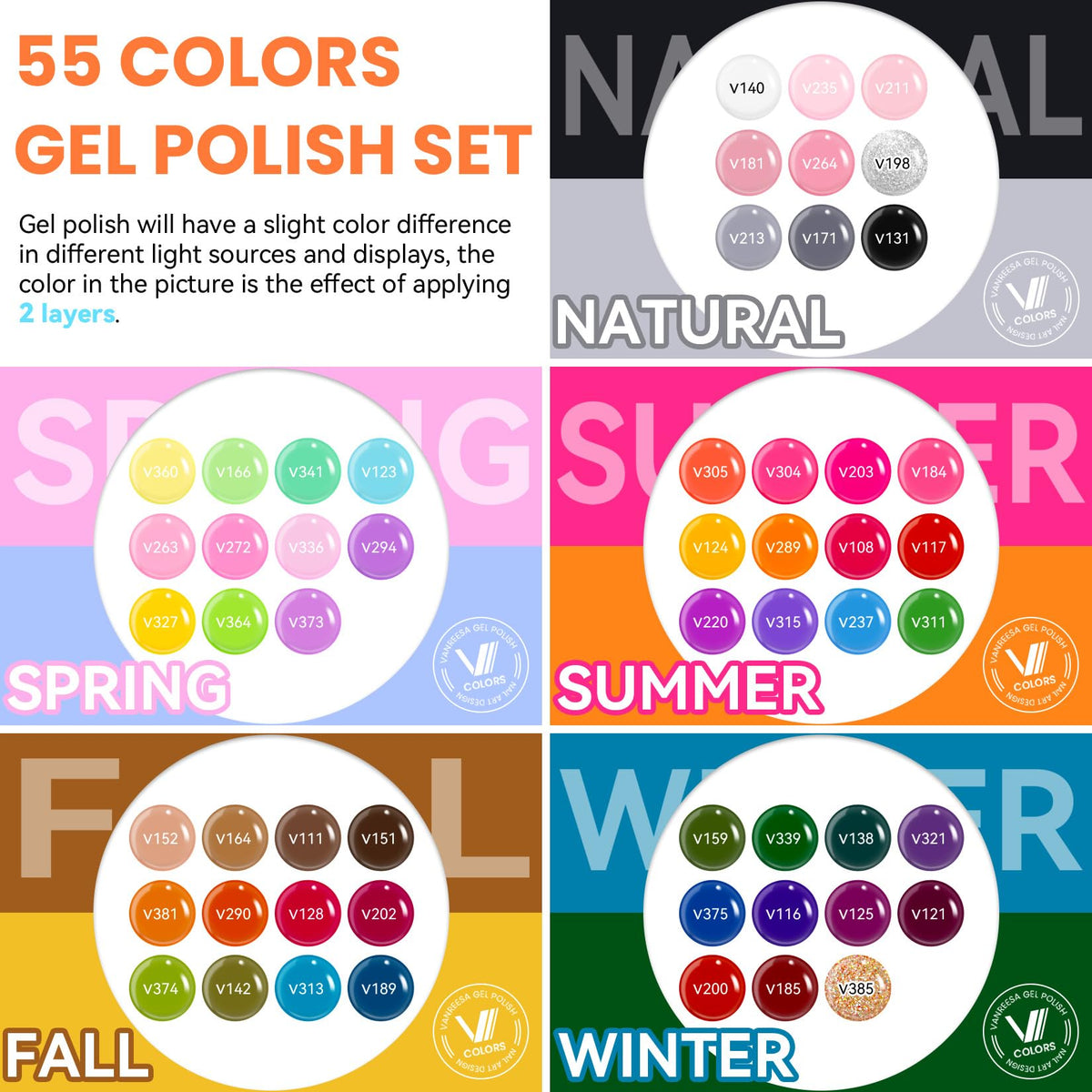 VANREESA color swatch array displaying 55 shades for creative manicure choices