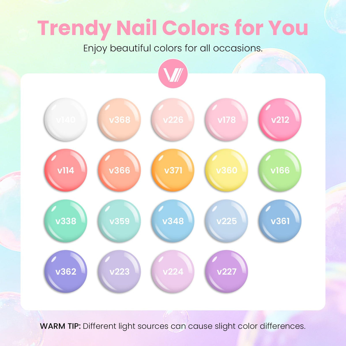 VANREESA color swatch array of 19 pastel gel shades for easy selection