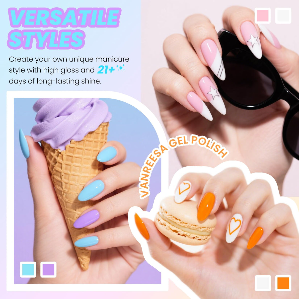 VANREESA color swatch display showing pastel and bright gel polish options