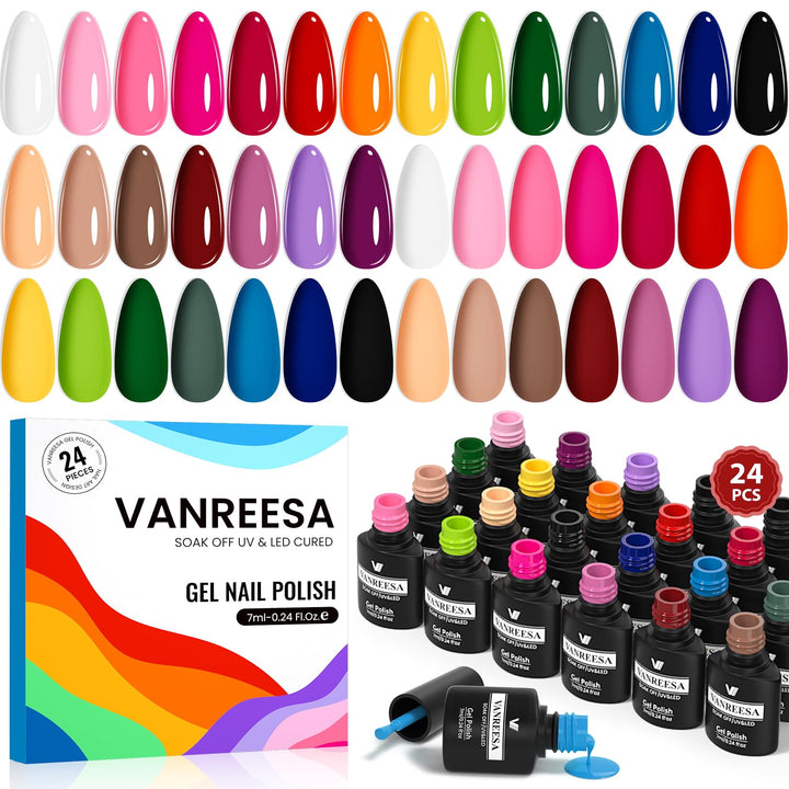 VANREESA front packaging showing complete 24-piece gel nail kit and benefits