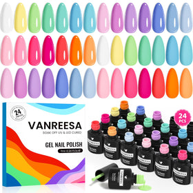 VANREESA front packaging showing full 24-piece gel nail set and vibrant palette