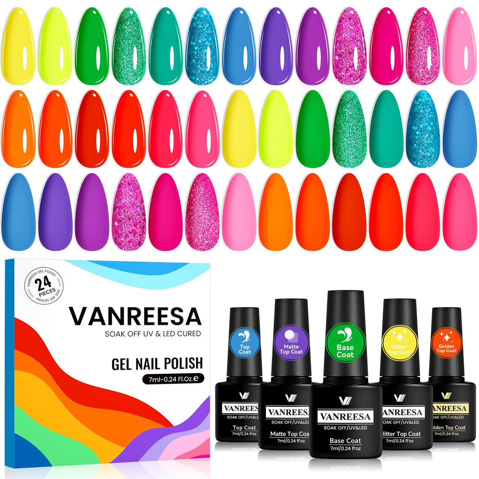 VANREESA front packaging showing the 24-piece neon gel set and vibrant colors for easy selection