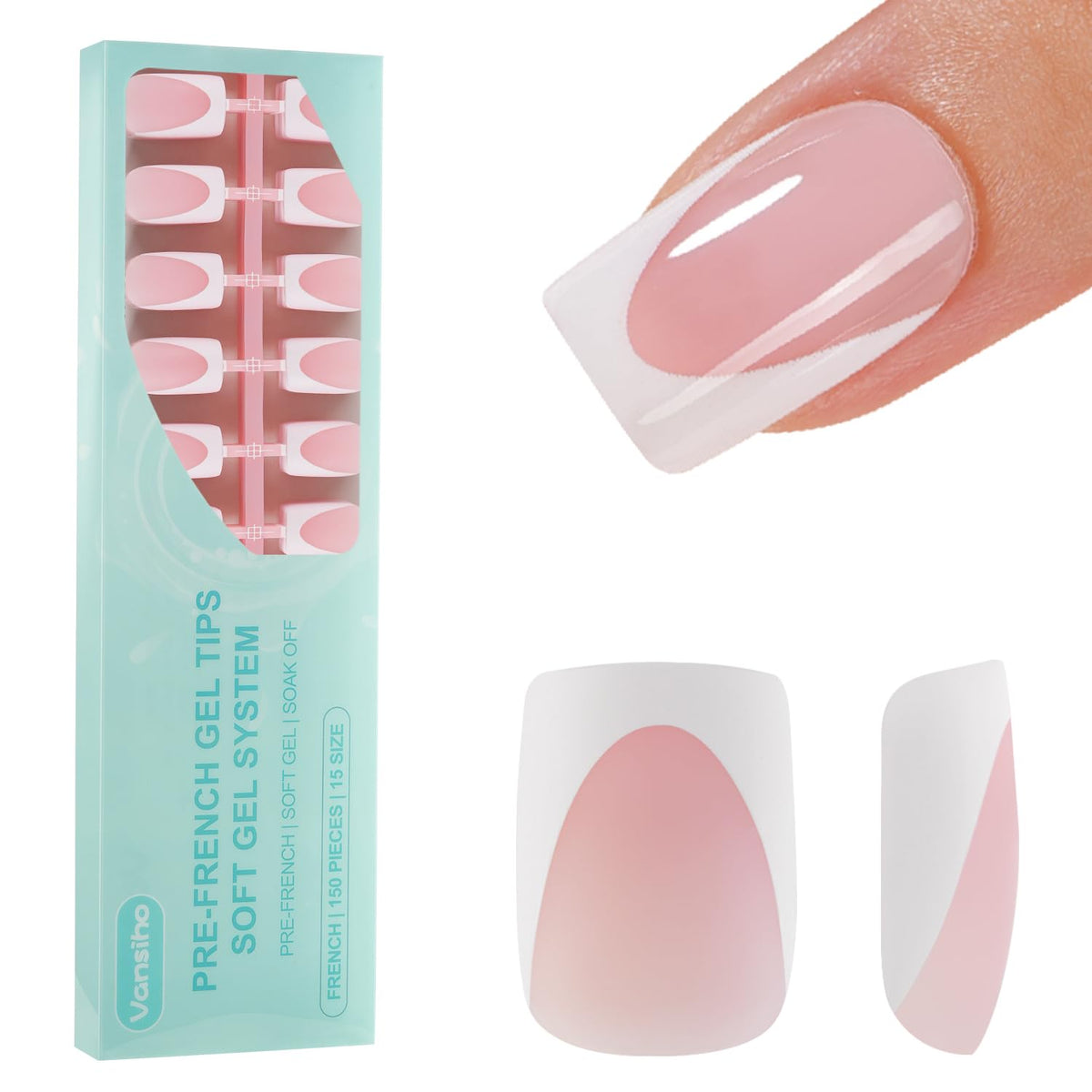 Vansiho front packaging showing 150 pink square press-on nail set for easy at-home use