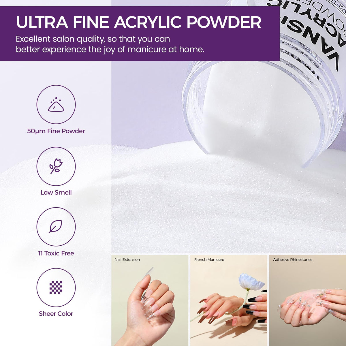 VANSISOS clear acrylic powder close-up showing fine texture for smooth, low-filing finish