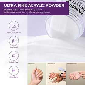 VANSISOS clear acrylic powder close-up showing fine texture for smooth, low-filing finish