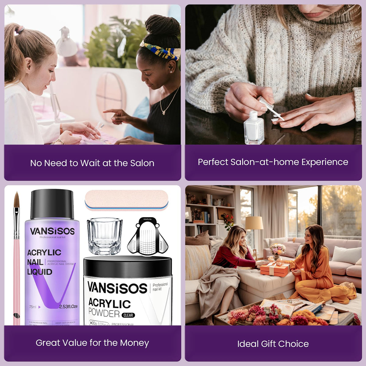 VANSISOS finished clear acrylic nails showing smooth, glossy extensions and neat edges