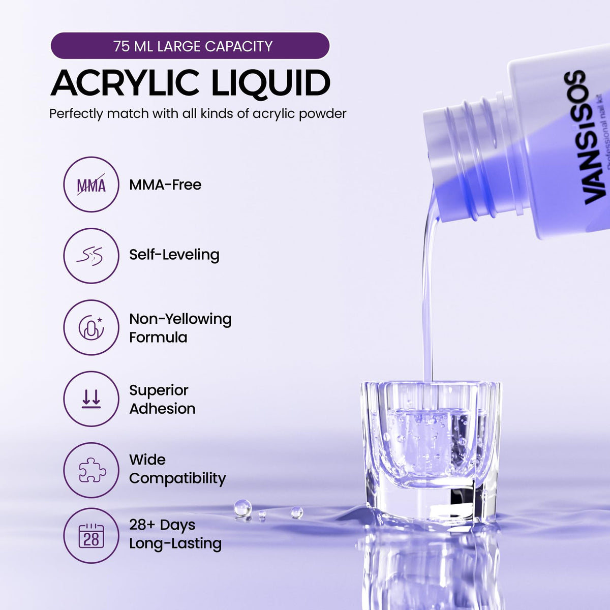 VANSISOS 75ml acrylic liquid bottle label visible to confirm EMA formula and reliable adhesion