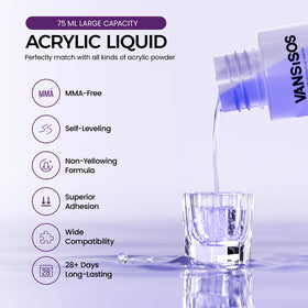 VANSISOS 75ml acrylic liquid bottle label visible to confirm EMA formula and reliable adhesion