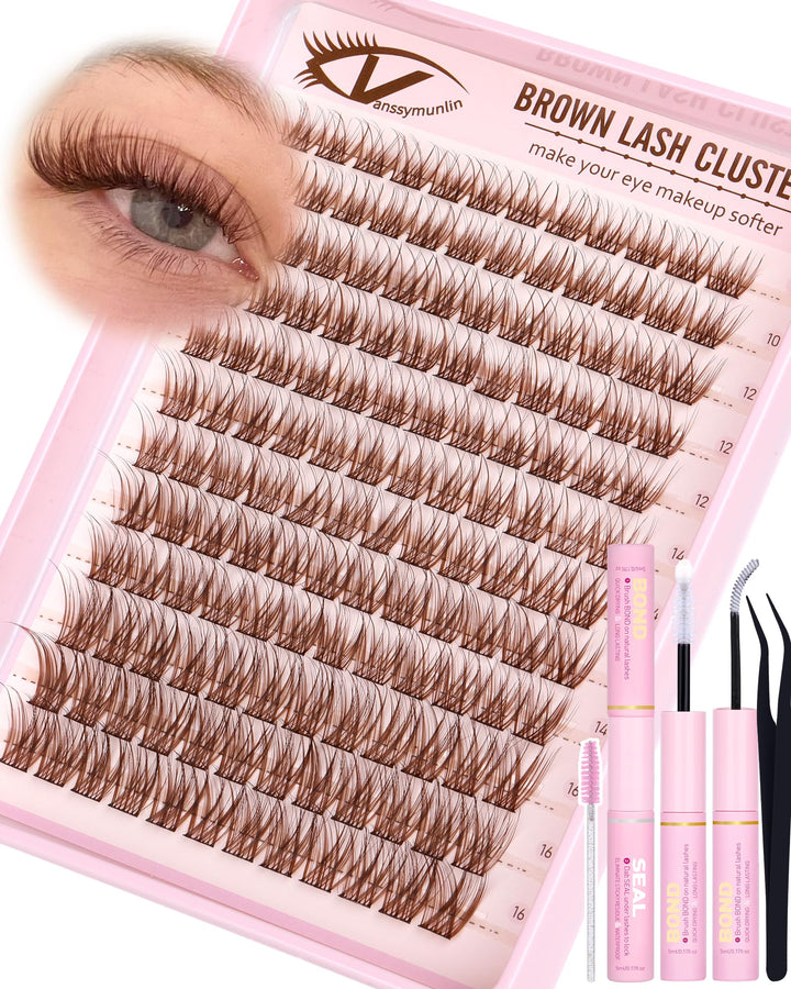 Vanssymunlin front packaging showing brown lash clusters and accessories, convenient kit