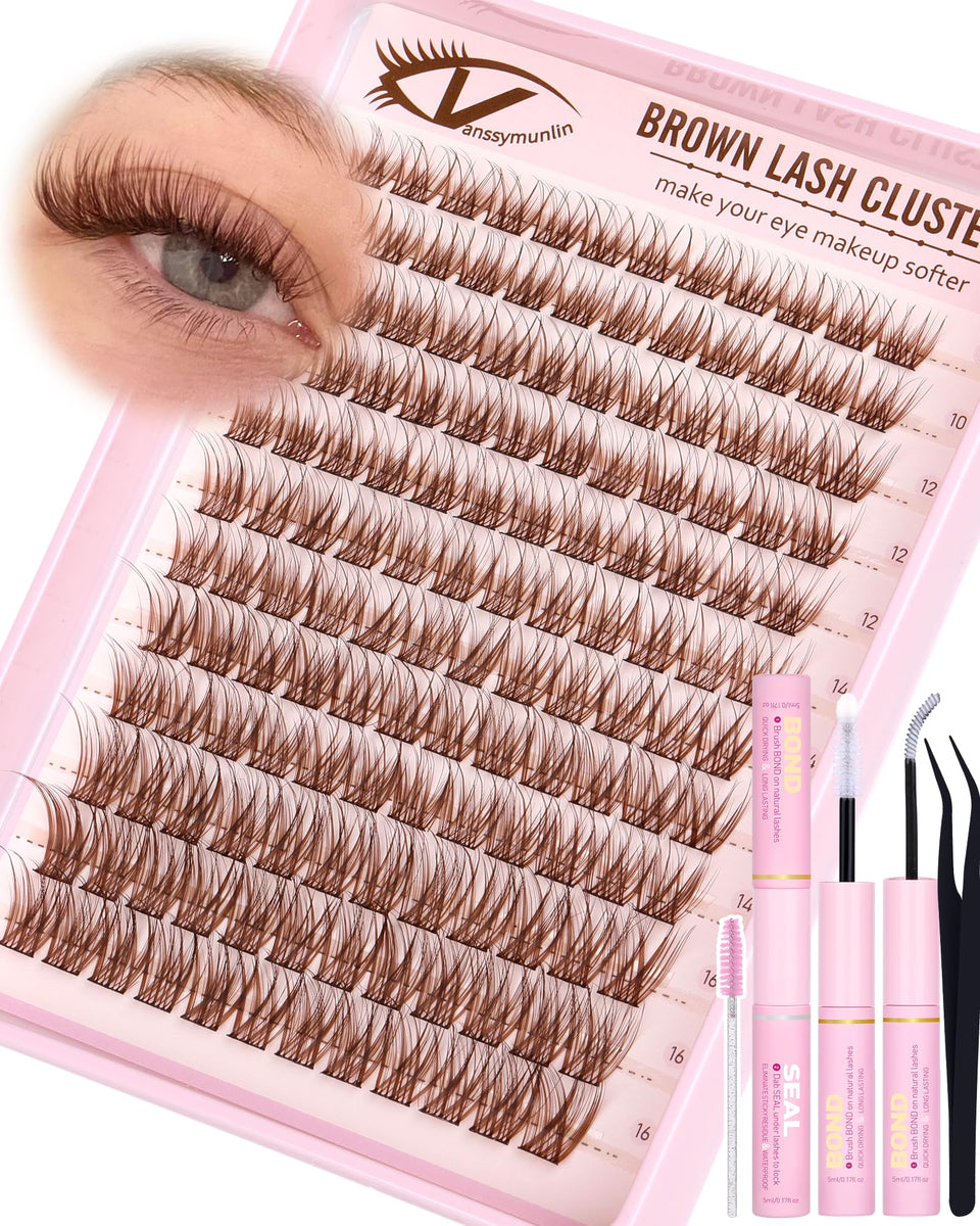 Vanssymunlin front packaging showing brown lash clusters and accessories, convenient kit