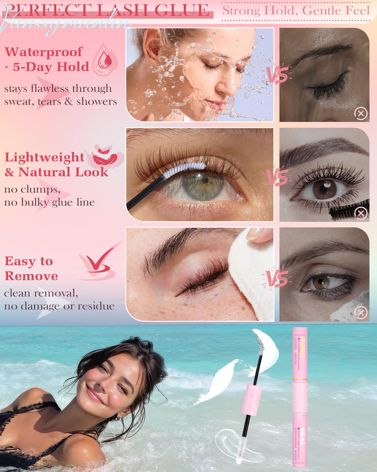 Vanssymunlin waterproof glue bottle and lash brush included for precise DIY application