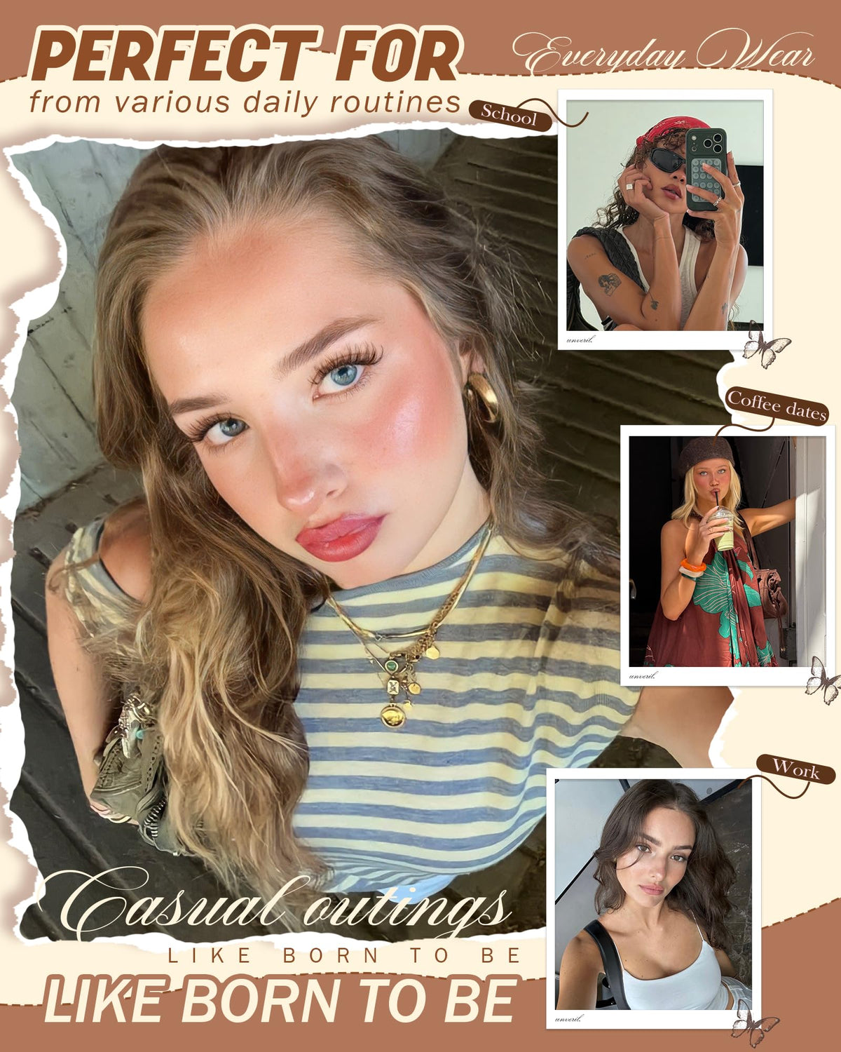 Vanssymunlin model wearing soft-glam look showing brown clusters enhancing daytime makeup