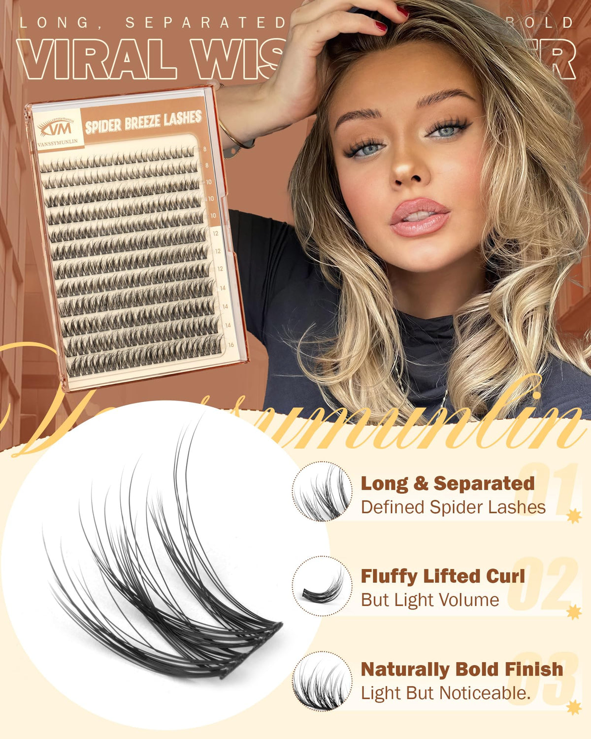 Vanssymunlin cluster versus natural lashes highlighting added length and separation
