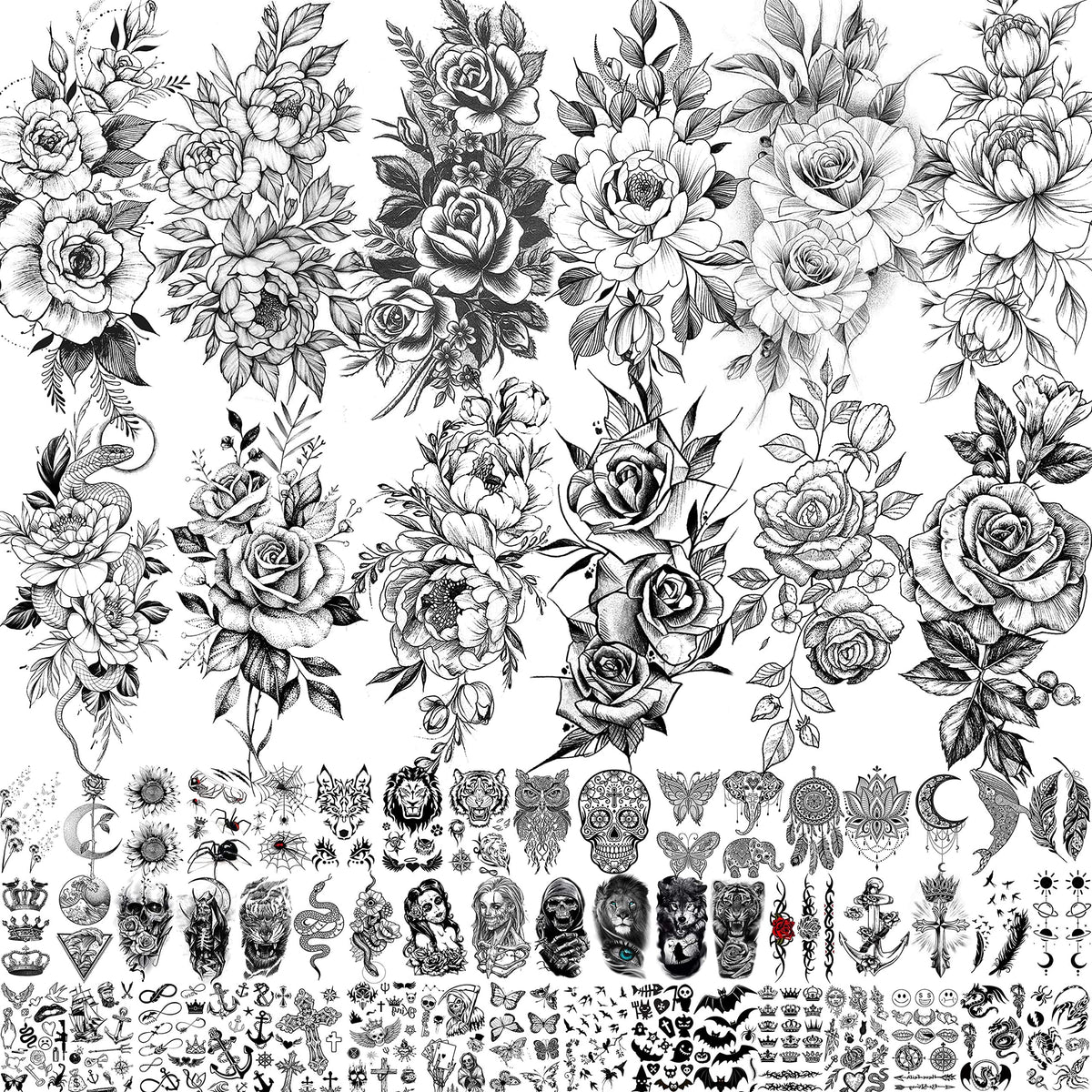VANTATY front packaging showing 63-sheet floral tattoo set and variety