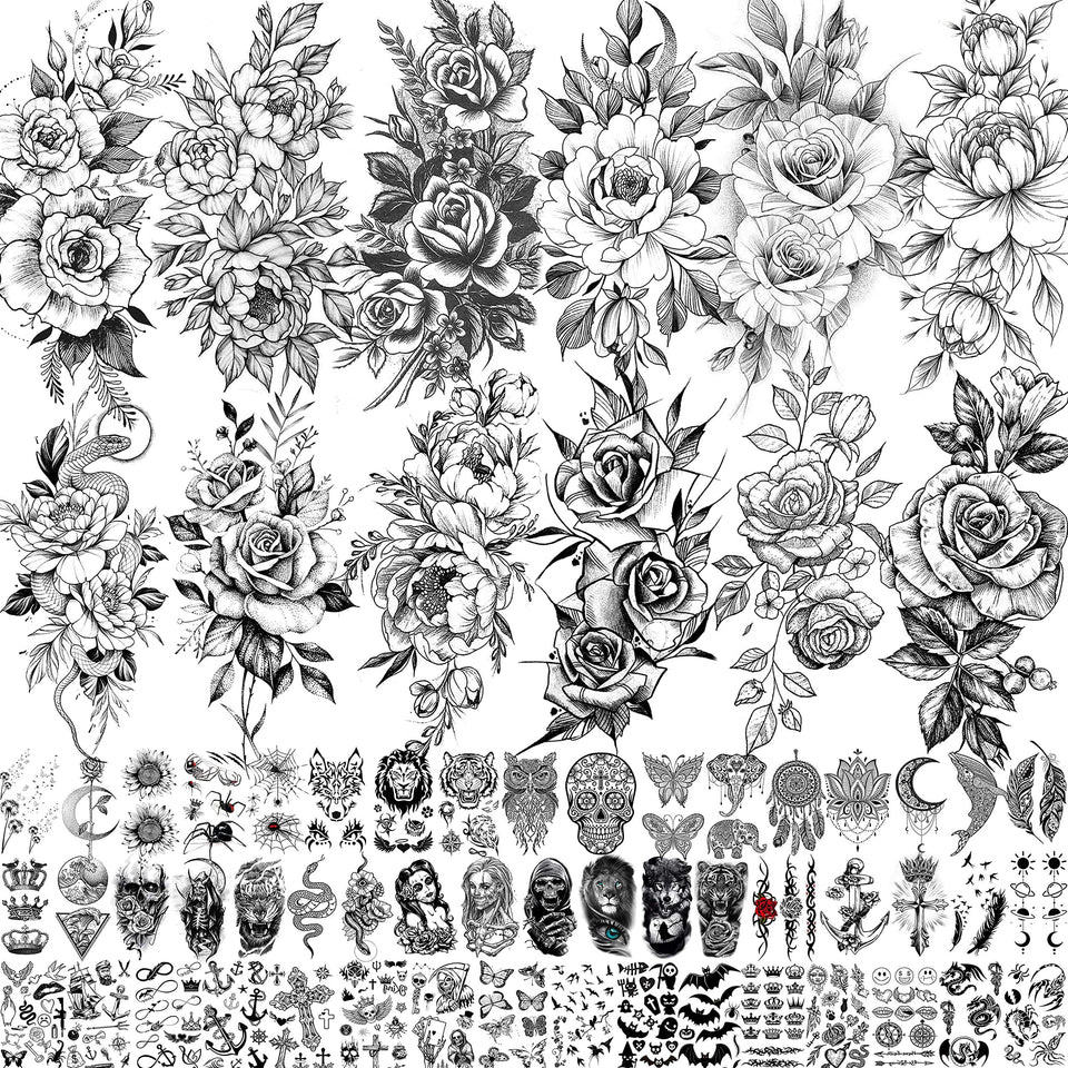 VANTATY front packaging showing 63-sheet floral tattoo set and variety