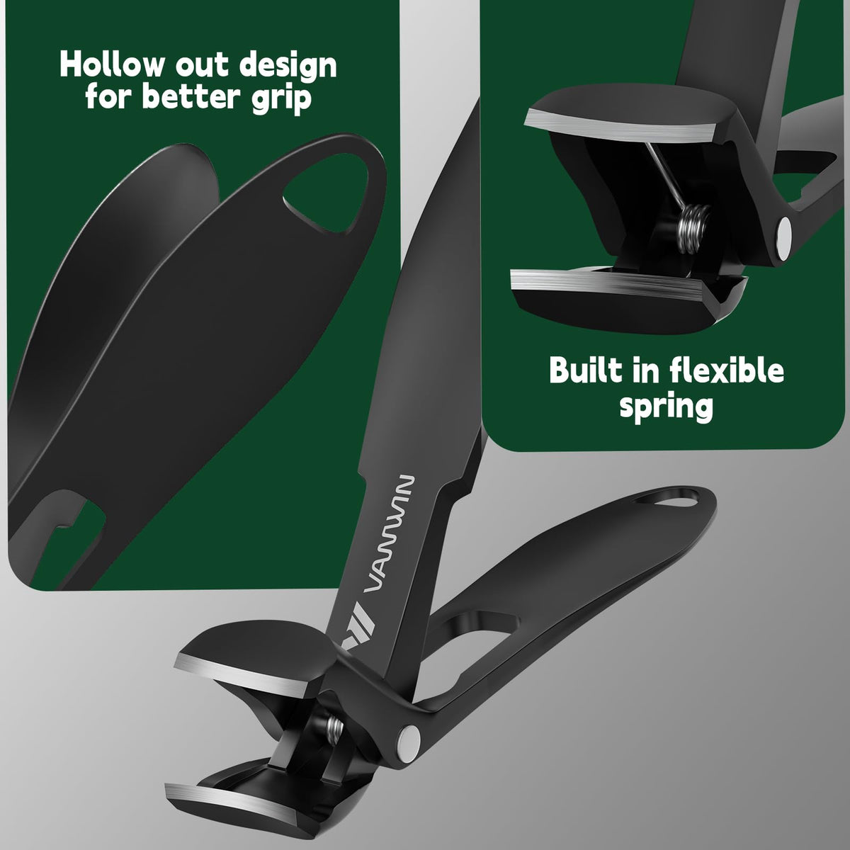 VANWIN built-in catcher capturing clippings to keep surfaces clean and tidy