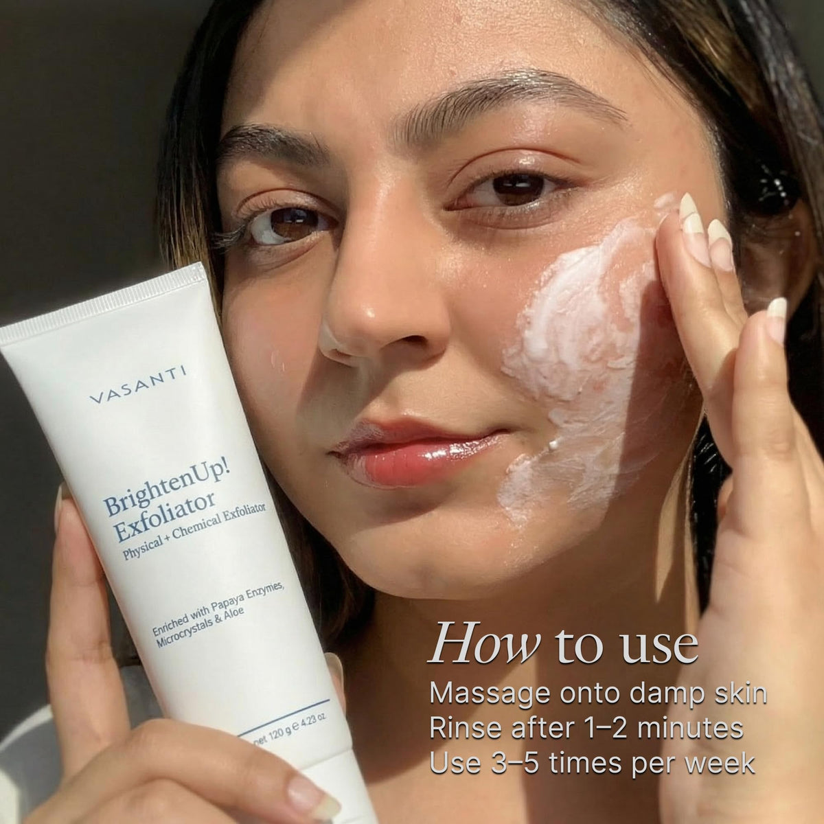 VASANTI in bathroom routine illustrating easy integration into skincare benefit