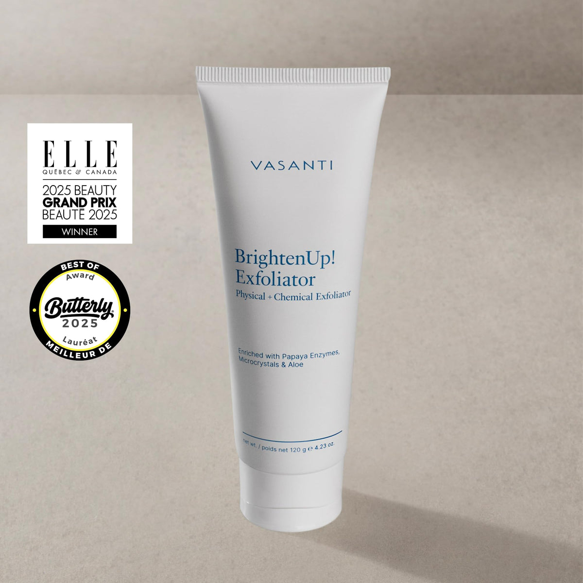 VASANTI open tube showing creamy scrub texture for gentle polishing benefit