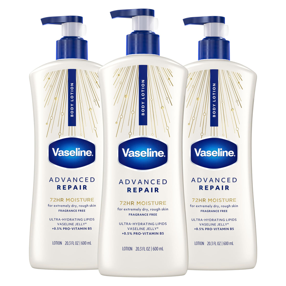 Vaseline front packaging showing unscented advanced repair benefits and size