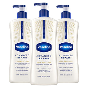 Vaseline front packaging showing unscented advanced repair benefits and size