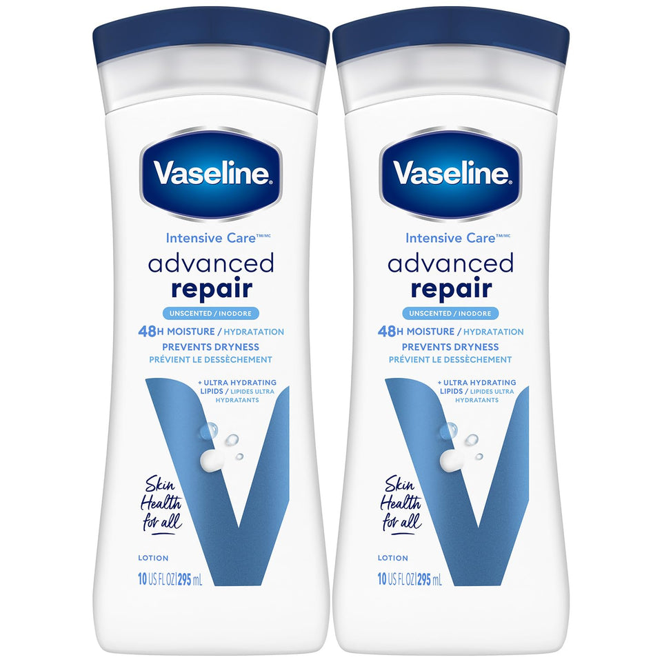 Vaseline front packaging showing two 10 oz bottles and product benefit