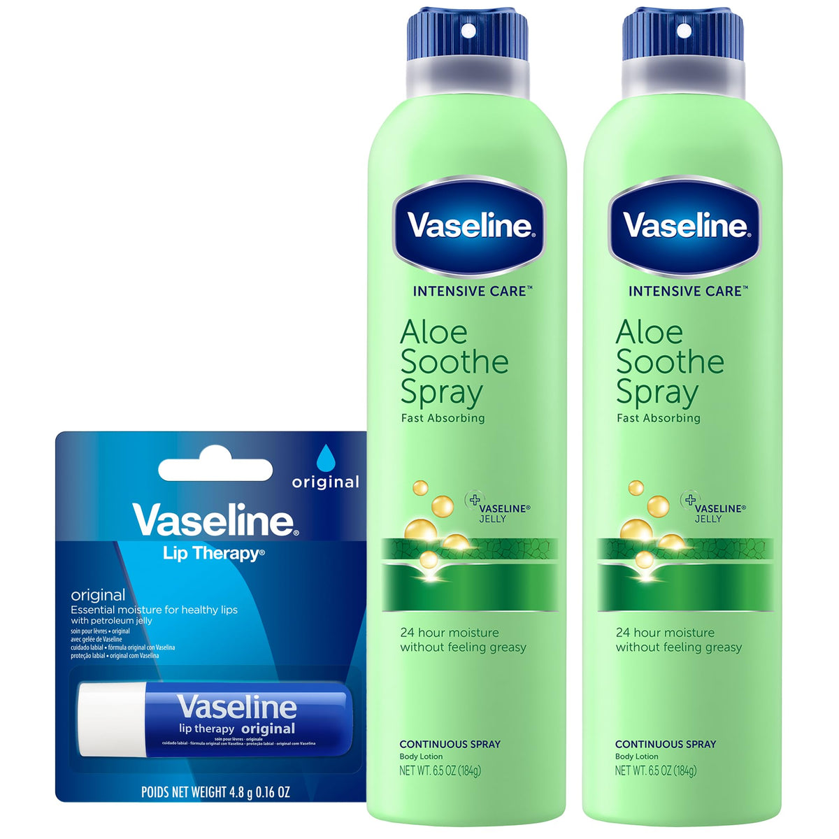 Vaseline front packaging of twin Aloe Soothe sprays showing convenience and value