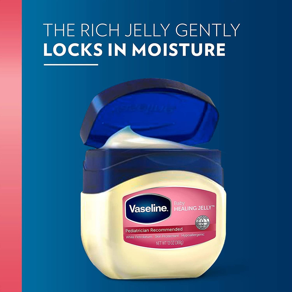Vaseline tub held in hand to show 13 oz size and scale