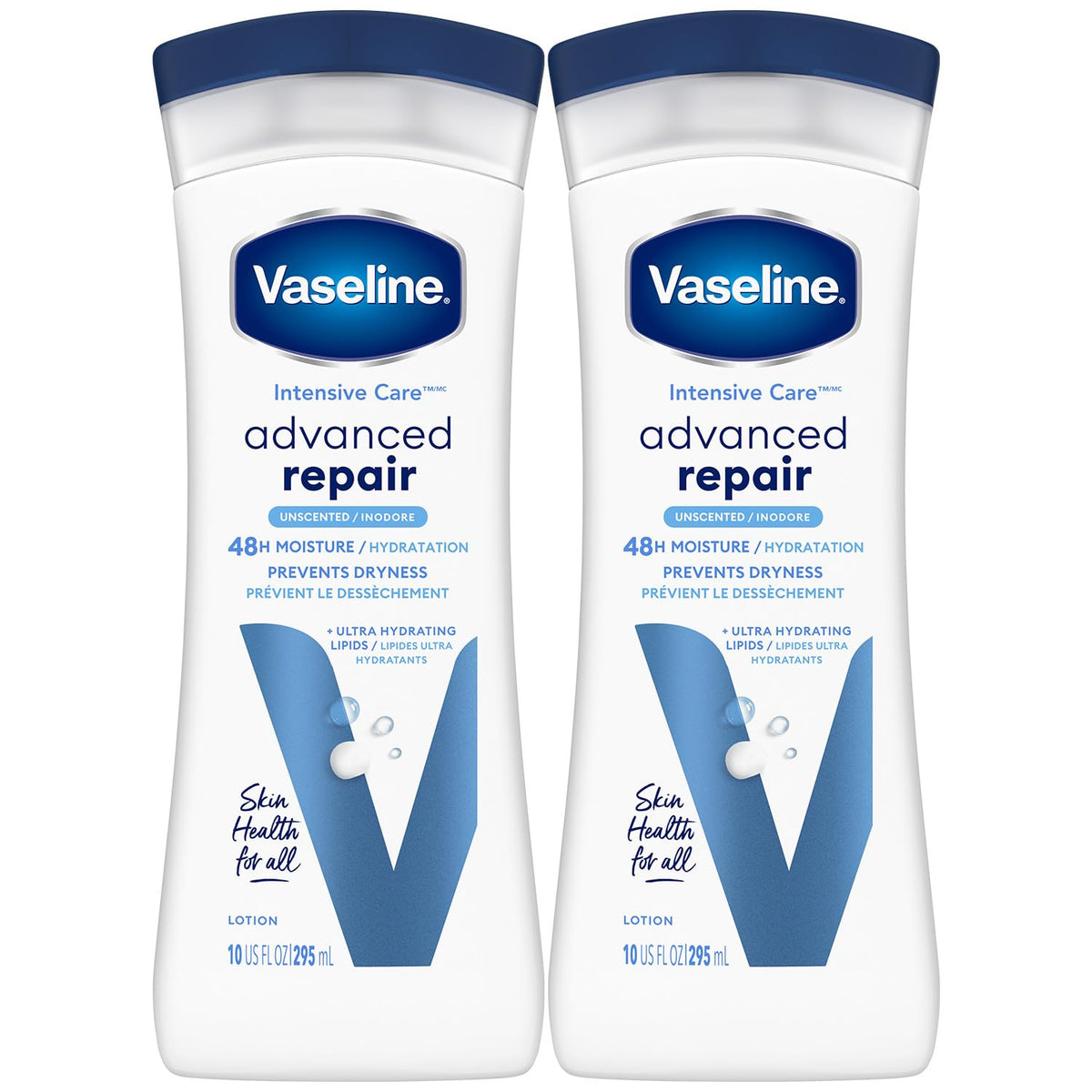 Vaseline unscented advanced repair bottle front showing label and two-pack convenience