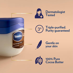 Vaseline closeup label highlighting cocoa butter and petrolatum benefits