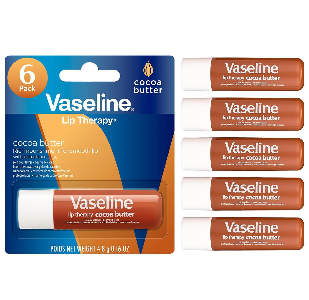 Vaseline front packaging showing six cocoa butter lip balms for reliable moisture