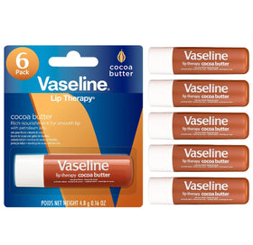 Vaseline front packaging showing six cocoa butter lip balms for reliable moisture