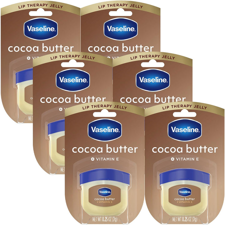 Vaseline front packaging showing six cocoa butter mini jars for portable hydration
