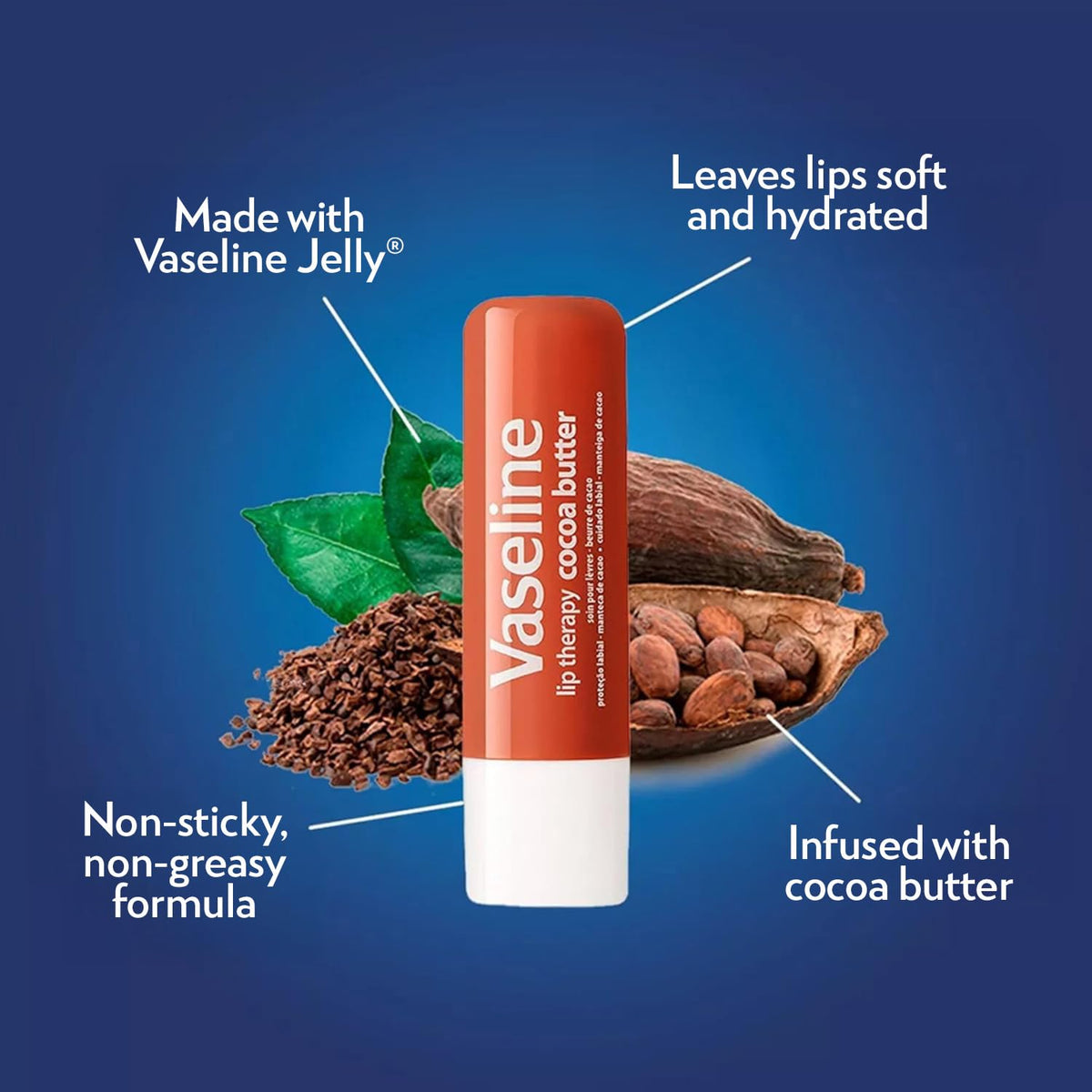 Six-pack of Vaseline cocoa butter lip therapy sticks arranged for easy storage