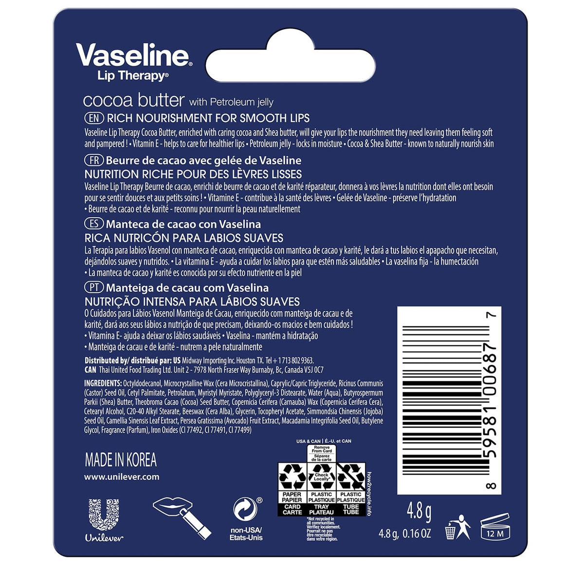 Close-up of Vaseline lip stick revealing smooth cocoa butter texture and cap