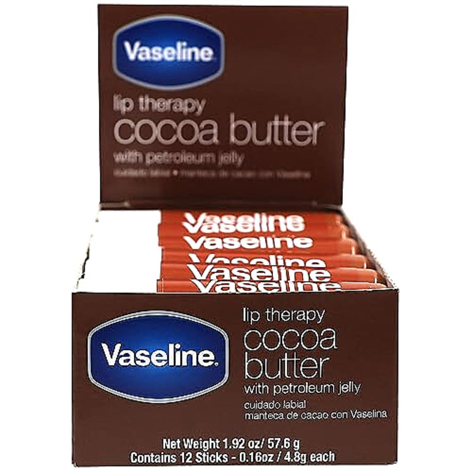 Vaseline cocoa front packaging showing 12-pack and box design for easy stocking