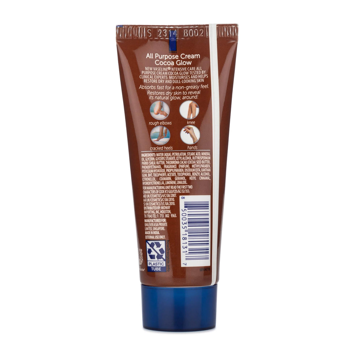 Close-up of Vaseline Cocoa Glow label highlighting cocoa butter ingredient benefits