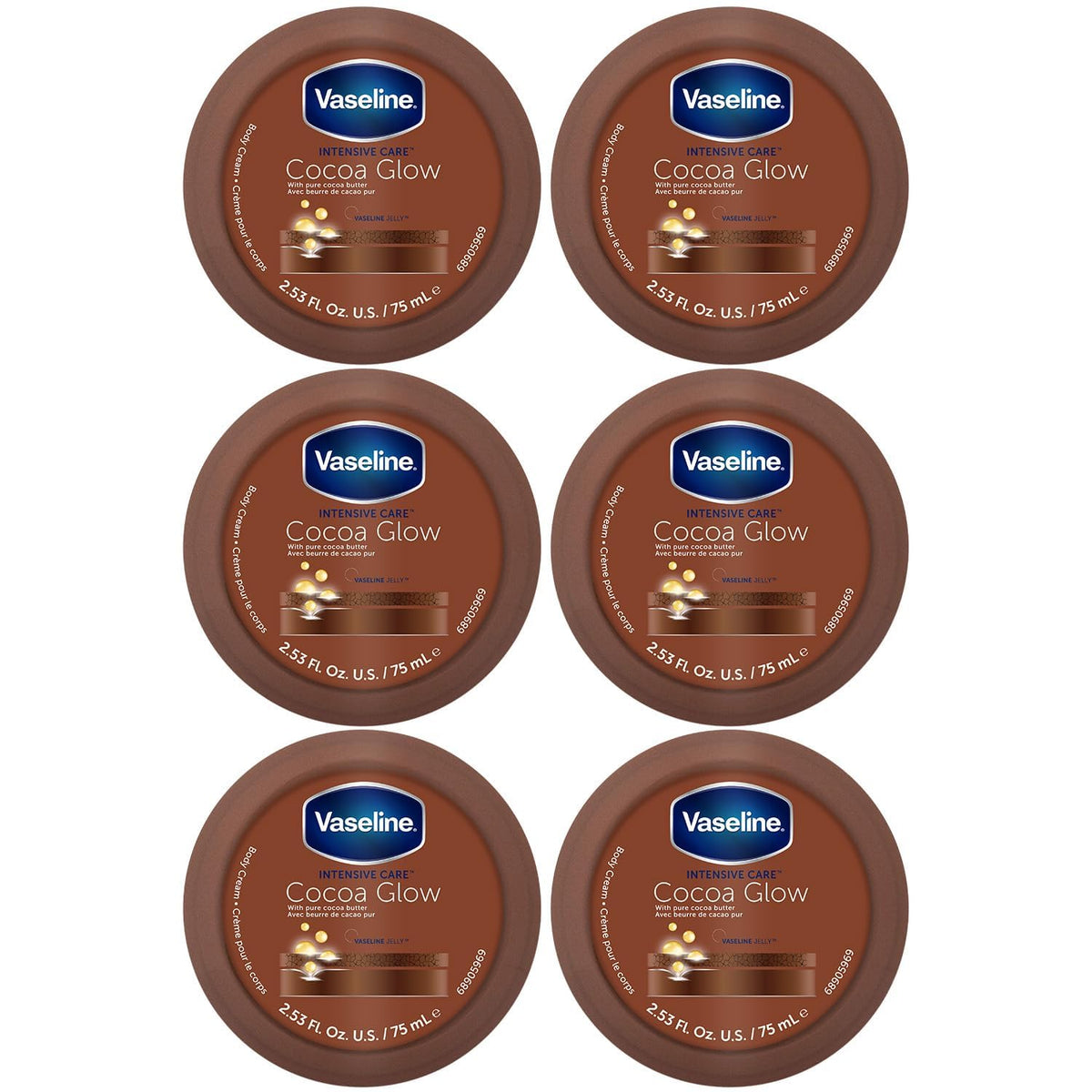Vaseline front packaging showing six travel tubes and product benefit