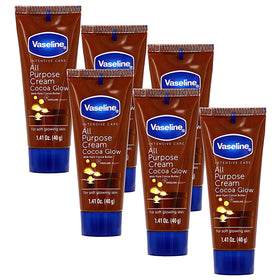 Vaseline front-facing tube showing cocoa glow label and compact size benefit