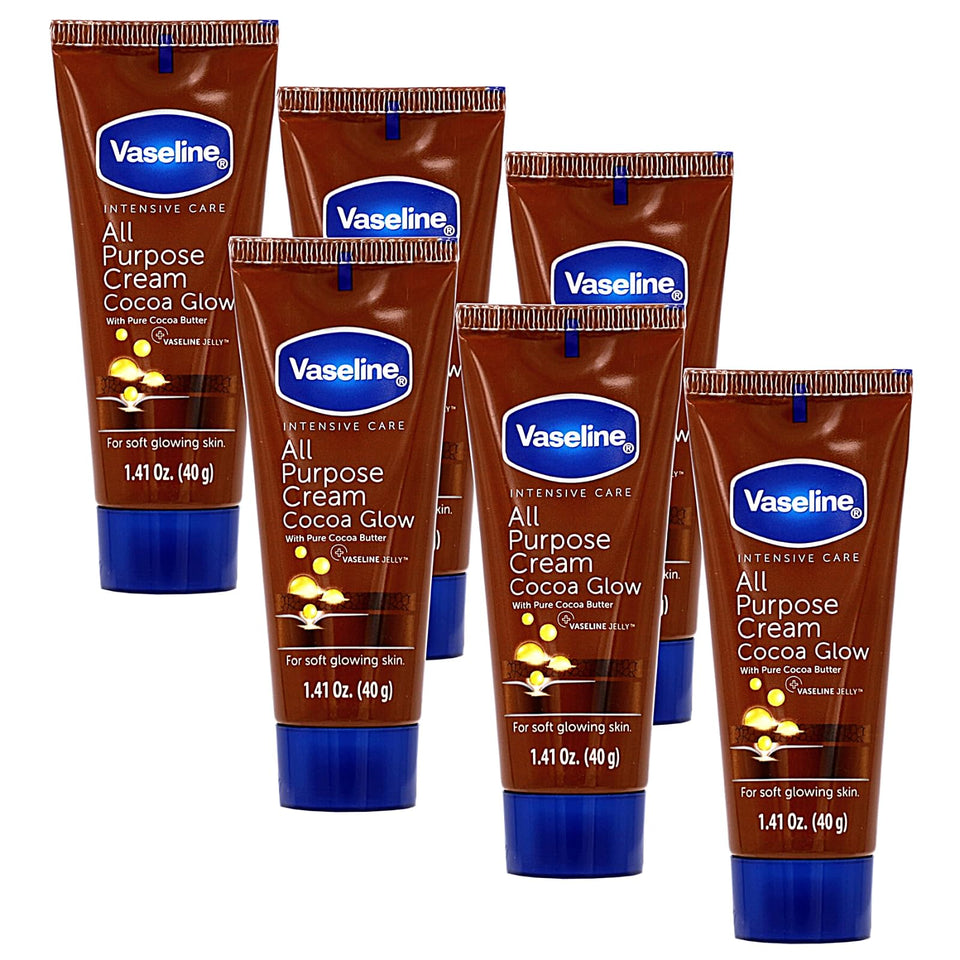 Vaseline front-facing tube showing cocoa glow label and compact size benefit