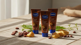 Vaseline tubes staged on bathroom shelf showing everyday accessibility benefit