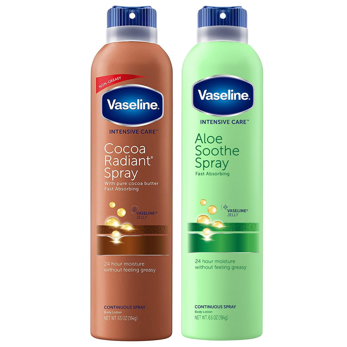 Vaseline Cocoa Radiant and Aloe Soothe front packaging showing two 6.5 oz cans for fast hydration