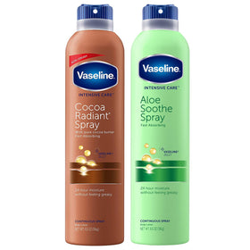 Vaseline Cocoa Radiant and Aloe Soothe front packaging showing two 6.5 oz cans for fast hydration