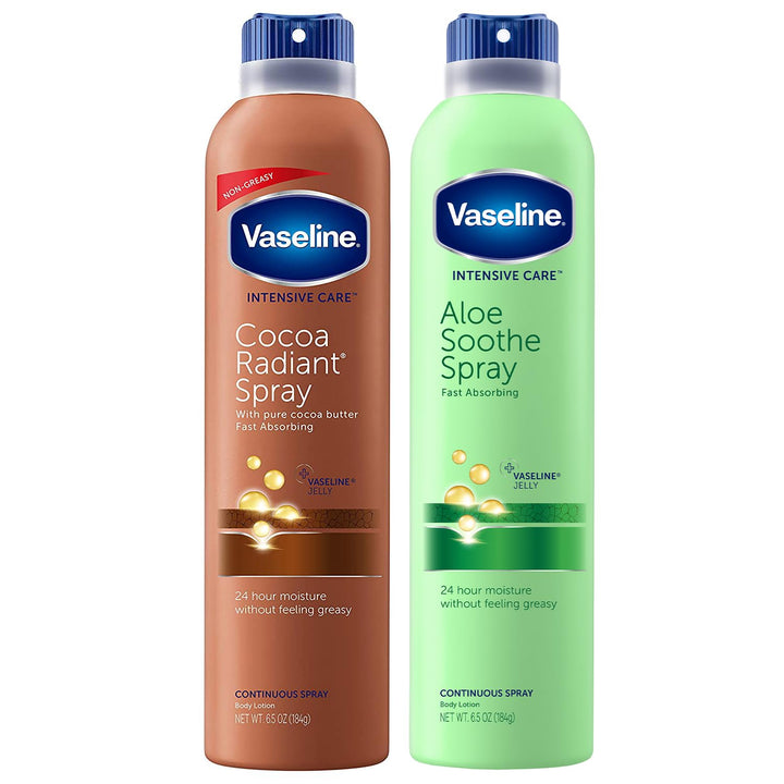 Vaseline Cocoa Radiant and Aloe Soothe front packaging showing two 6.5 oz cans for fast hydration