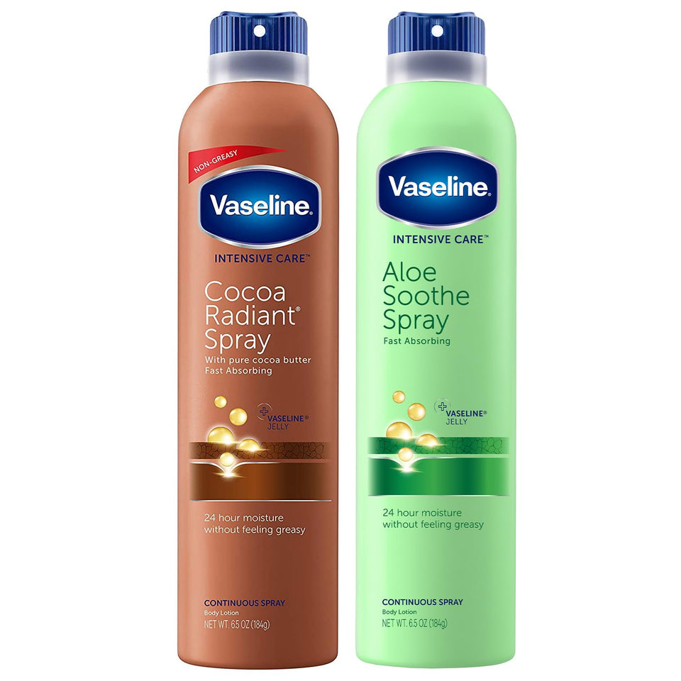 Vaseline Cocoa Radiant and Aloe Soothe front packaging showing two 6.5 oz cans for fast hydration