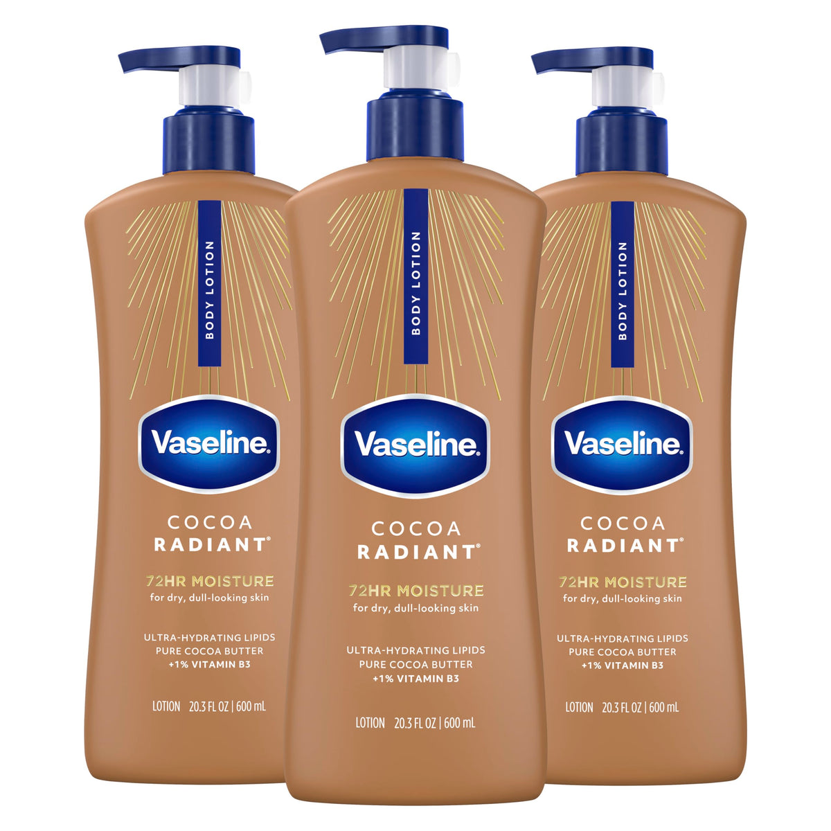 Vaseline bottle front packaging showing cocoa radiant branding and size