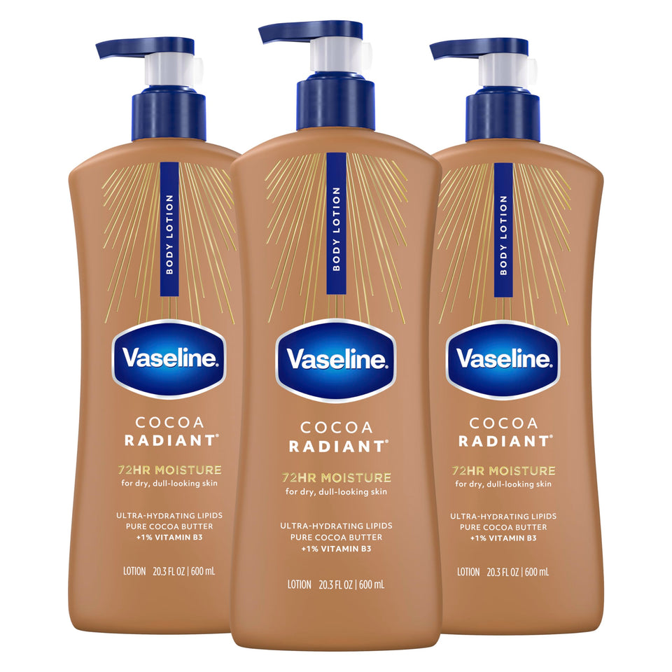 Vaseline bottle front packaging showing cocoa radiant branding and size