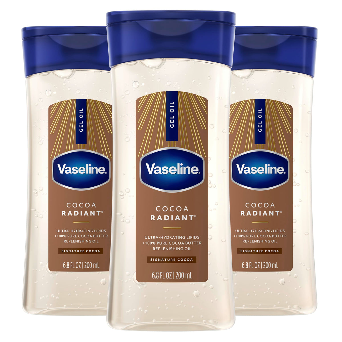 Vaseline front packaging showing bottle and cocoa radiant benefits